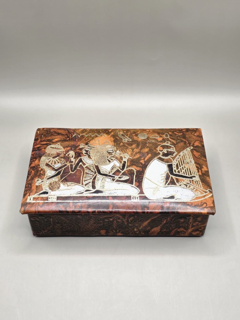 Egyptian Camel Leather Hand Crafted Trinket Box Made In Egypt VTG MCM Decor